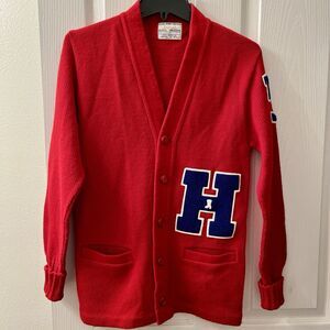 Vintage Letterman Cardigan Sweater 36 Red Acrylic Bristol Products Letter H "76"
